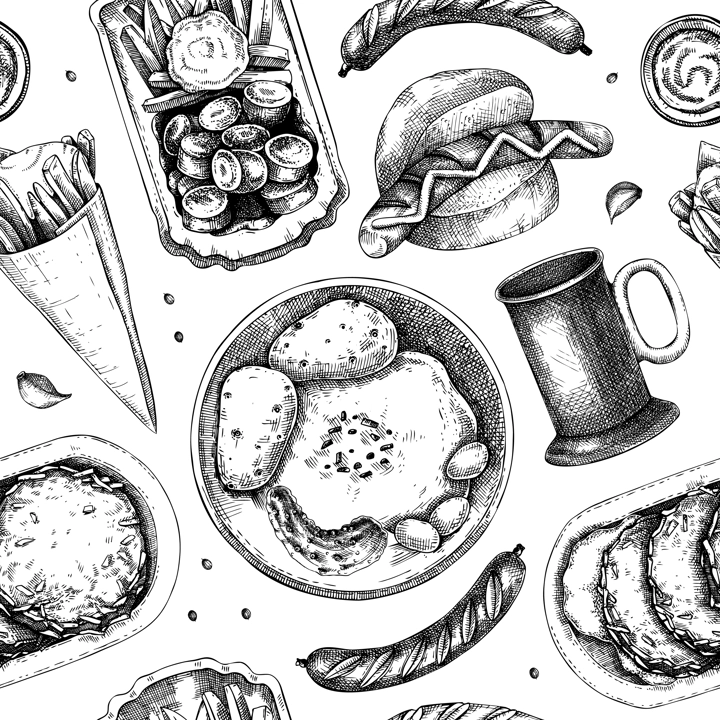 Christmas market food background. Fast food seamless pattern. Vintage hand-drawn vector illustration. Bakery, pastry, sweets, grilled meat, hot drinks sketches.